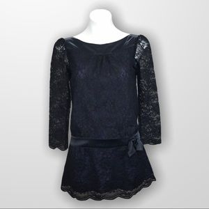 REISS Long Sleeve Black Lace Dress With Dropwaist and  Side Bow Size 10